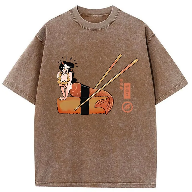 Tokyo-Tiger Funny Sushi Mermaid Washed T-Shirt