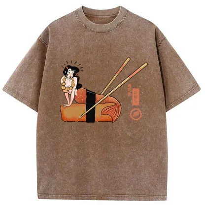 Tokyo-Tiger Funny Sushi Mermaid Washed T-Shirt