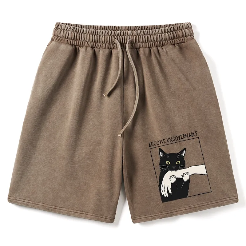 Tokyo-Tiger Black Cat Biting Washed Shorts
