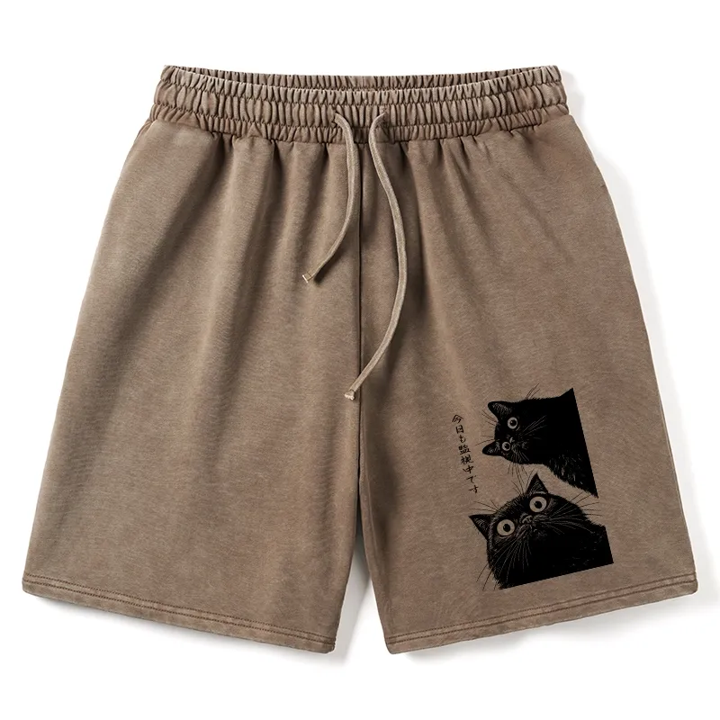 Tokyo-Tiger The Cat Is Watching Today Washed Shorts Sale