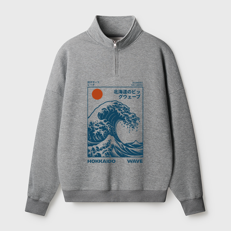 Tokyo-Tiger Hokkaido Wave Japan Half Zip Fleece Sweatshirt