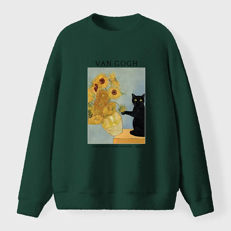 Tokyo-Tiger Black Cat With Sunflowers Fuzzy Sweatshirt