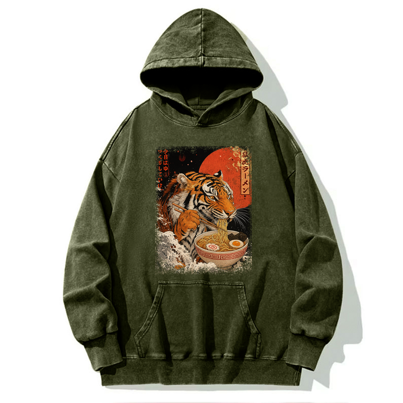 Tokyo-Tiger Ukiyoe Japan Tiger Eating Ramen Washed Hoodie