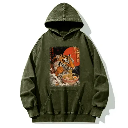 Tokyo-Tiger Ukiyoe Japan Tiger Eating Ramen Washed Hoodie