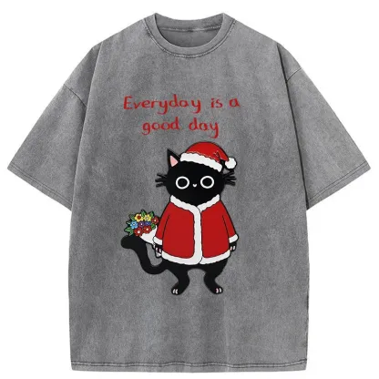 Tokyo-Tiger Christmas Cat Brings You Flowers Washed T-Shirt