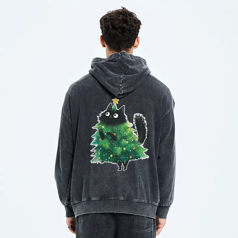 Tokyo-Tiger Christmas Tree Cat Japan Washed Zip Hoodie