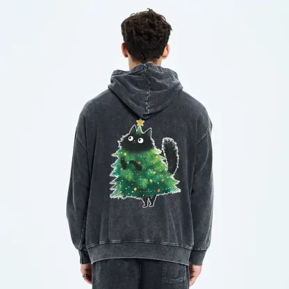 Tokyo-Tiger Christmas Tree Cat Japan Washed Zip Hoodie