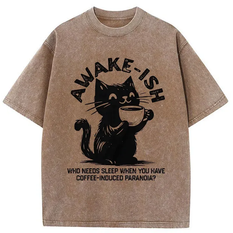 Tokyo-Tiger Staying Awake Because Of Coffee Washed T-Shirt