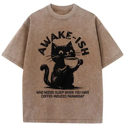 Tokyo-Tiger Staying Awake Because Of Coffee Washed T-Shirt