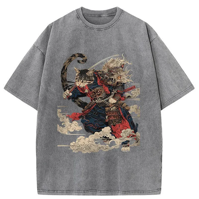 Tokyo-Tiger Gorgeous Samurai Cat Washed T-Shirt