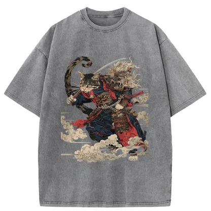 Tokyo-Tiger Gorgeous Samurai Cat Washed T-Shirt