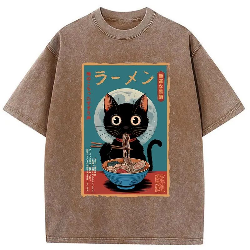 Tokyo-Tiger Ramen Fanatic Cat Washed T-Shirt