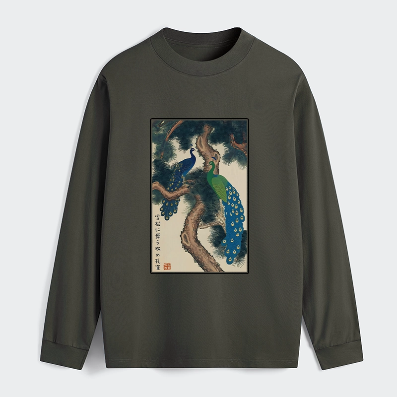 Tokyo-Tiger Peacocks in Snowy Pines Classic Long Sleeve T-Shirt