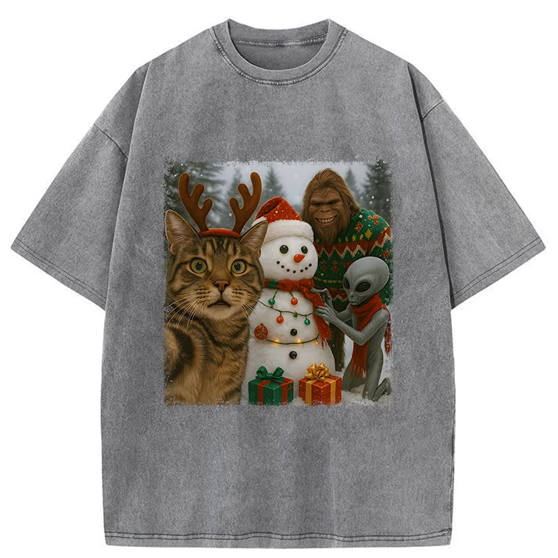 Tokyo-Tiger Christmas Cat Selfie Funny Washed T-Shirt