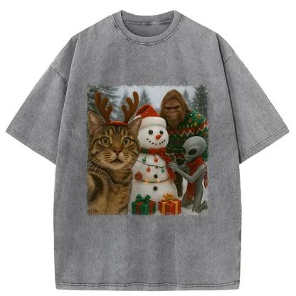 Tokyo-Tiger Christmas Cat Selfie Funny Washed T-Shirt