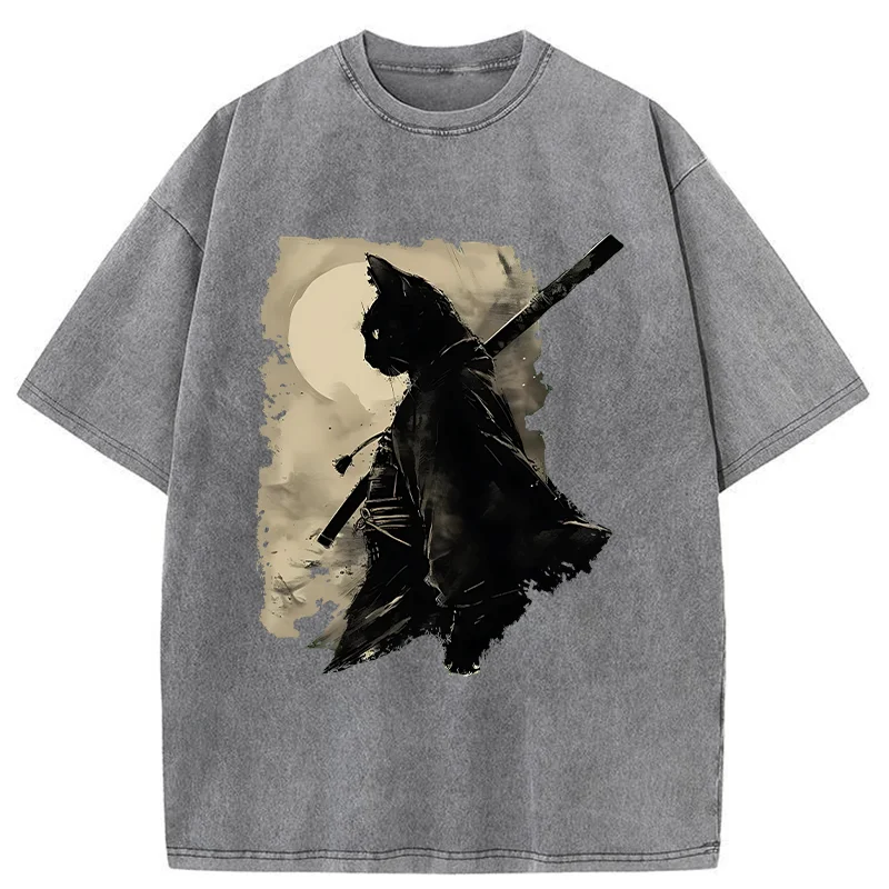 Tokyo-Tiger Under The Moon Cat Samurai Washed T-Shirt