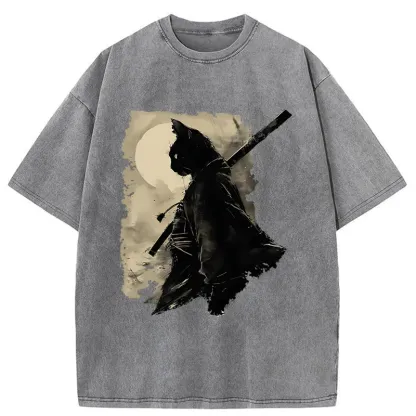 Tokyo-Tiger Under The Moon Cat Samurai Washed T-Shirt