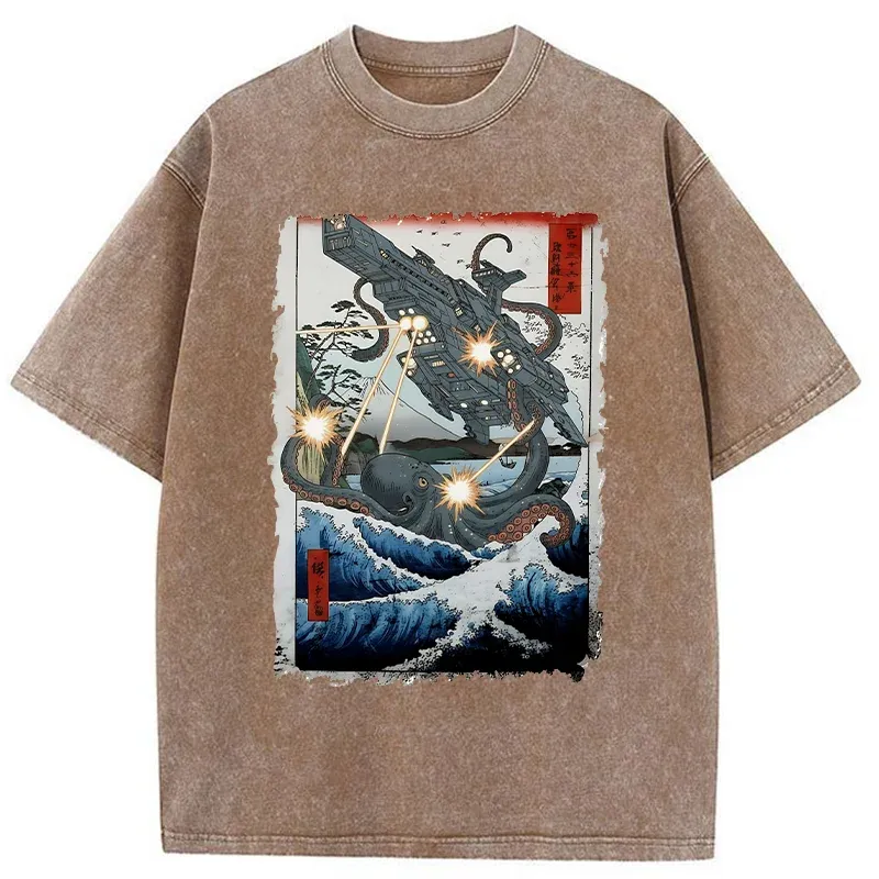 Tokyo-Tiger Octopus VS Spaceship Washed T-Shirt