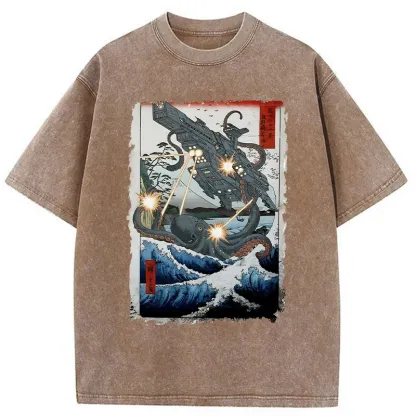 Tokyo-Tiger Octopus VS Spaceship Washed T-Shirt