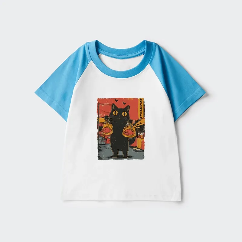 Tokyo-Tiger Cat Fishing Japanese Kids Raglan T-shirt