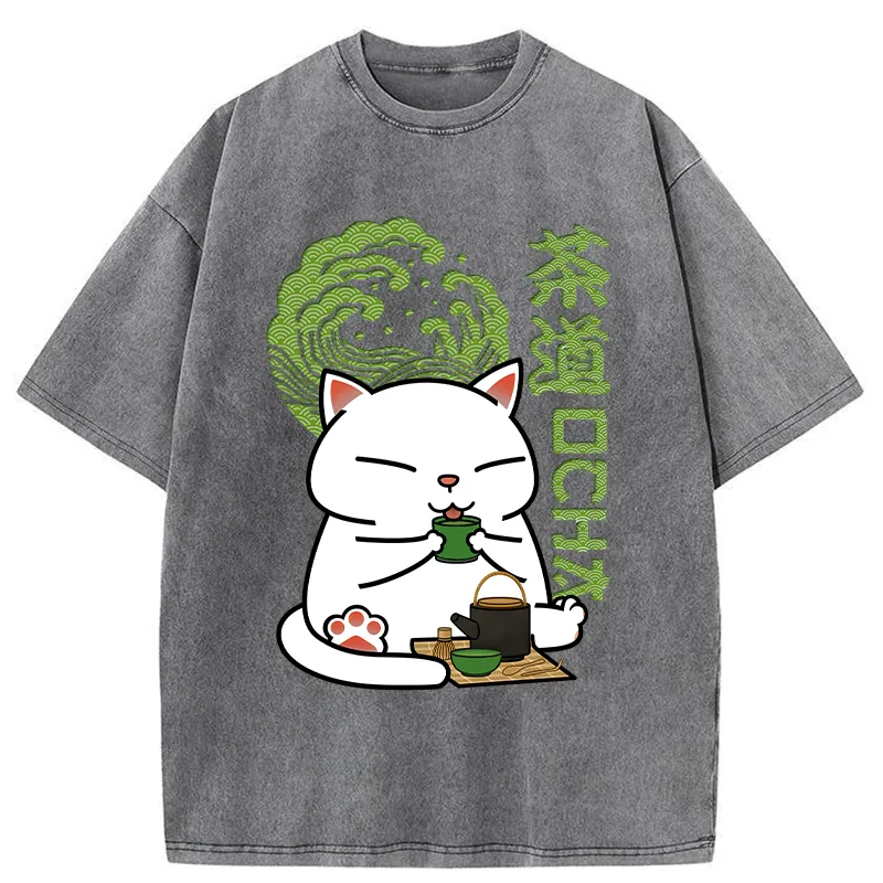 Tokyo-Tiger Cat Tasting Tea Washed T-Shirt
