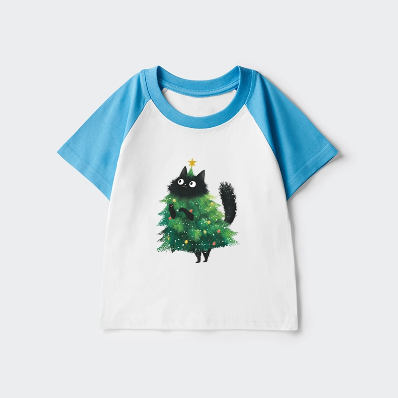 Tokyo-Tiger Christmas Tree Cat Japan Kids Raglan T-shirt