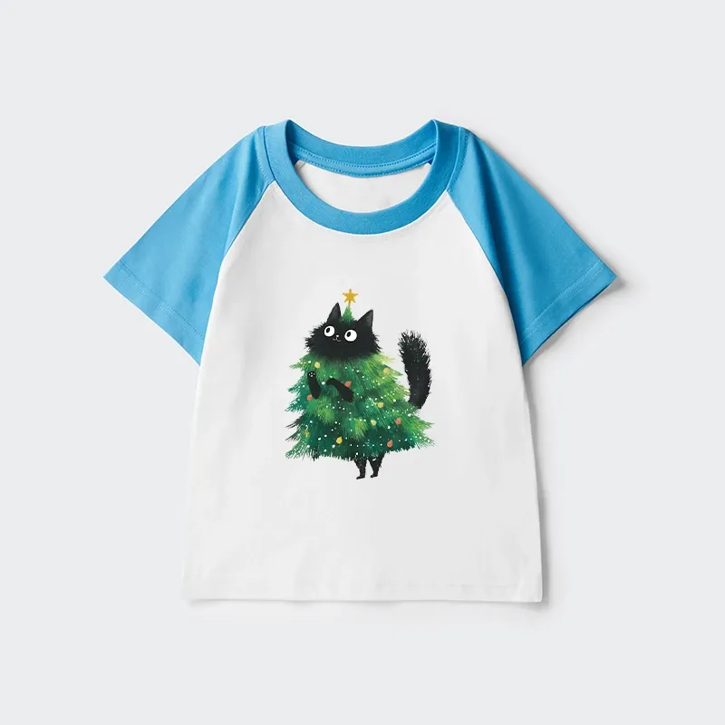 Tokyo-Tiger Christmas Tree Cat Japan Kids Raglan T-shirt