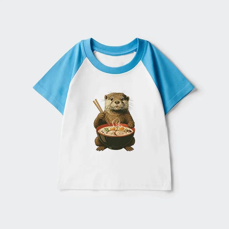 Tokyo-Tiger Japanese Otter Eating Ramen Kids Raglan T-shirt
