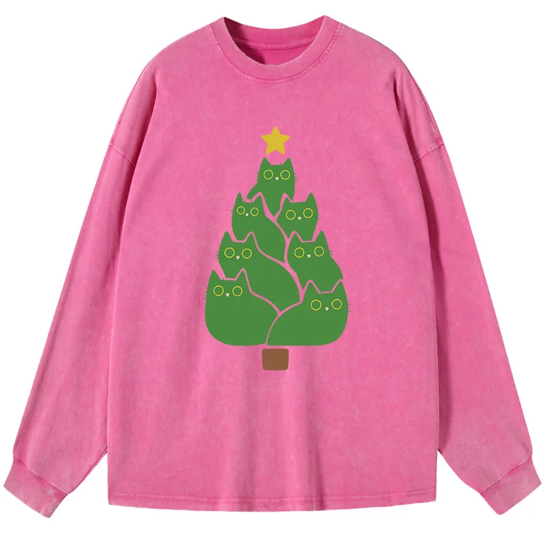 Tokyo-Tiger Christmas Tree Cat Japanese Washed Long Sleeve T-Shirt