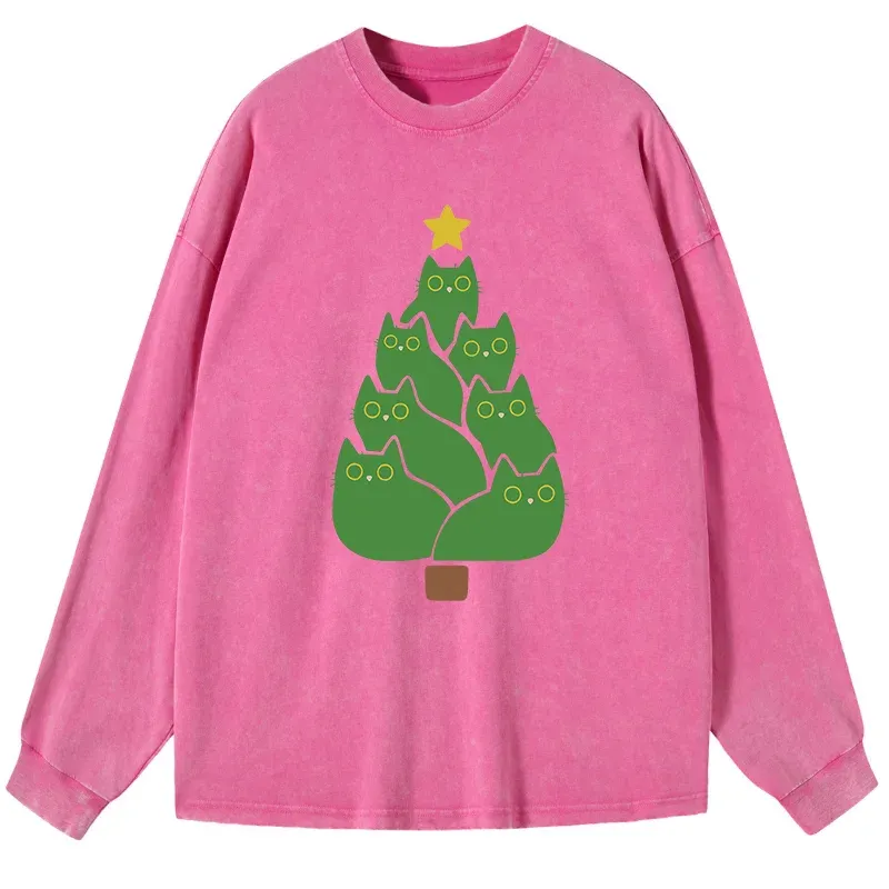 Tokyo-Tiger Christmas Tree Cat Japanese Washed Long Sleeve T-Shirt