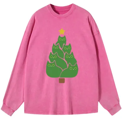 Tokyo-Tiger Christmas Tree Cat Japanese Washed Long Sleeve T-Shirt
