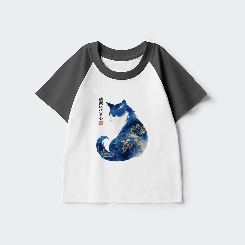 Tokyo-Tiger Retro Zen Cat: Living the Present Kids Raglan T-shirt
