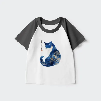 Tokyo-Tiger Retro Zen Cat: Living the Present Kids Raglan T-shirt
