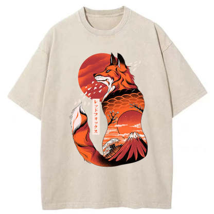 Tokyo-Tiger Japanese fox tattoo Washed T-Shirt