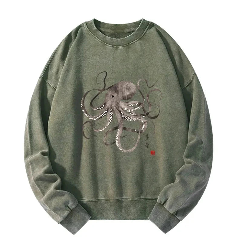 Tokyo-Tiger Octopus Japanese Calligraphy Washed Sweatshirt