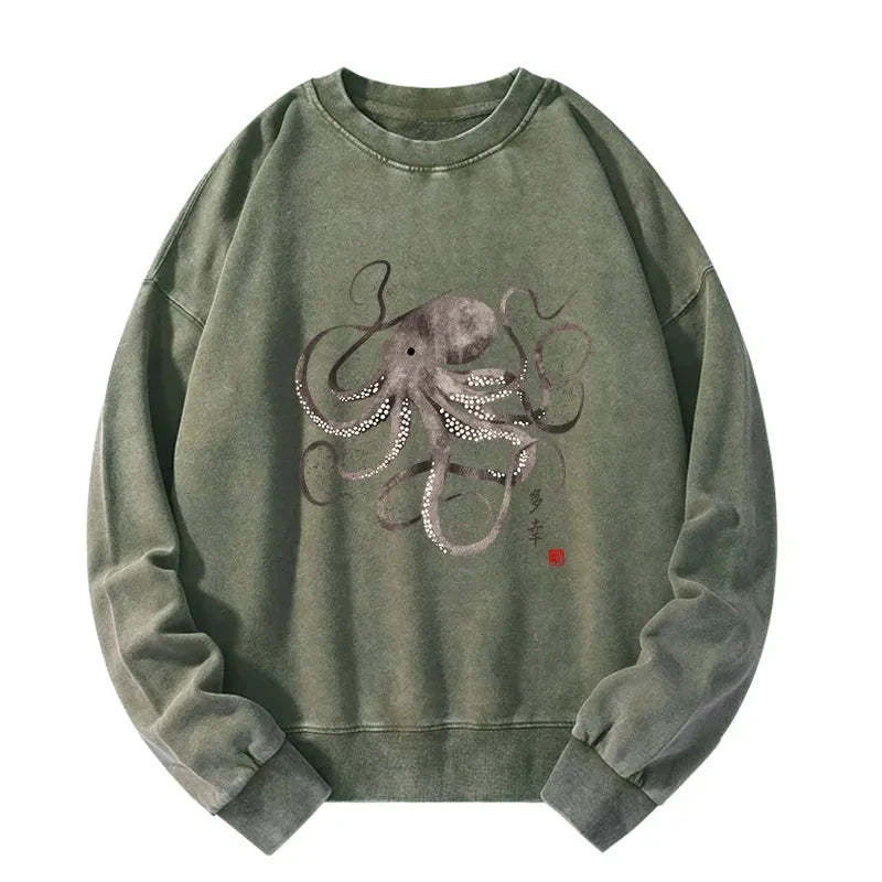 Tokyo-Tiger Octopus Japanese Calligraphy Washed Sweatshirt