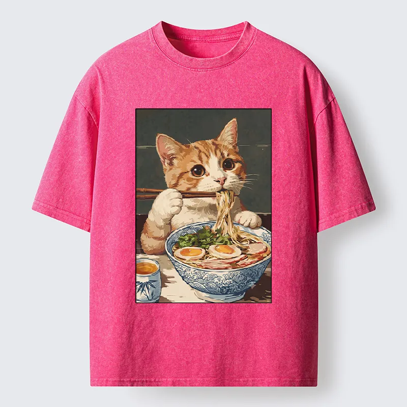 Tokyo-Tiger Cute Cat Eating Ramen Japanese Poster Washed T-Shirt