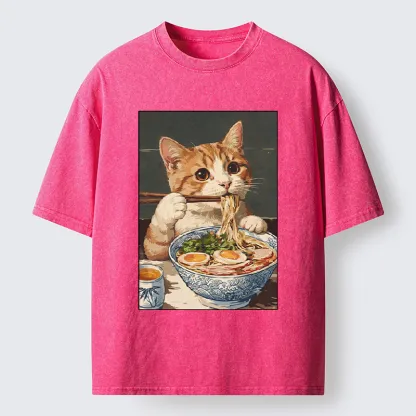 Tokyo-Tiger Cute Cat Eating Ramen Japanese Poster Washed T-Shirt