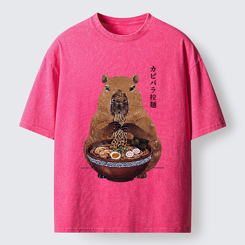 Tokyo-Tiger Japanese Retro Capybara Eating Ramen Washed T-Shirt