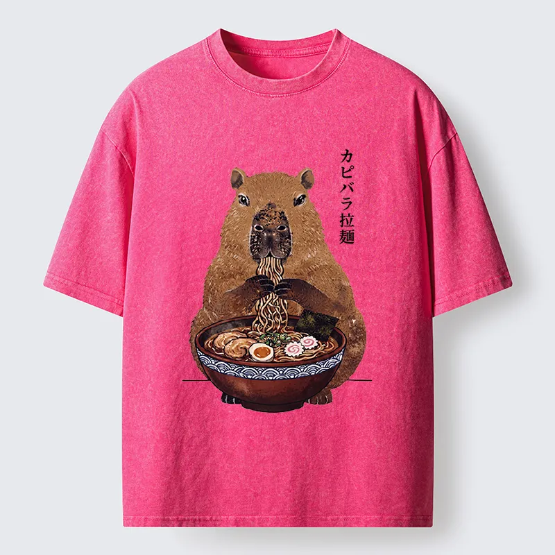Tokyo-Tiger Japanese Retro Capybara Eating Ramen Washed T-Shirt