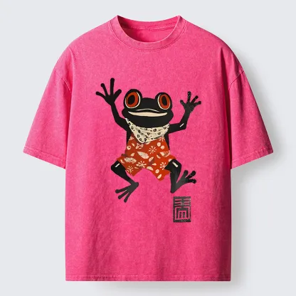 Tokyo-Tiger Japanese Happy Frog Ukiyoe Washed T-Shirt