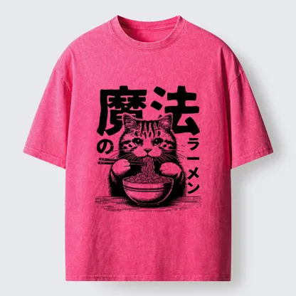 Tokyo-Tiger Cat Eating Magic Ramen Washed T-Shirt