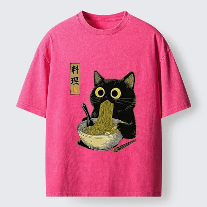 Tokyo-Tiger Japanese Black Cat Ramen Noodle Washed T-Shirt
