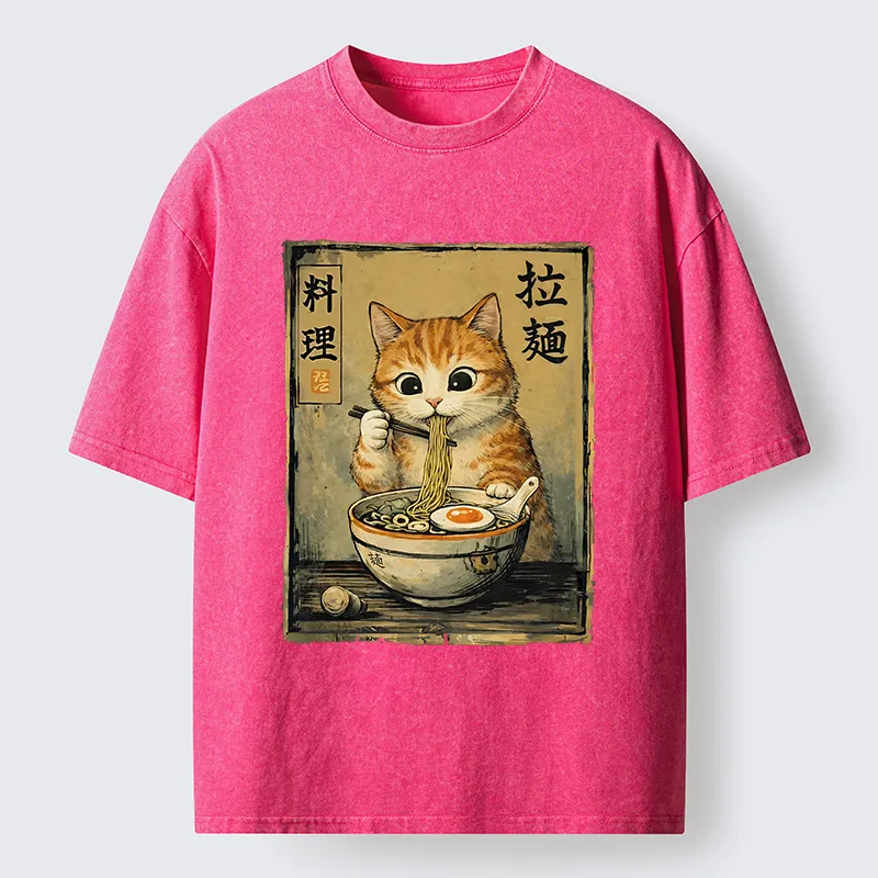 Tokyo-Tiger Retro Ginger Cat Ramen Washed T-Shirt