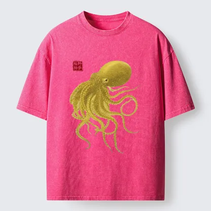 Tokyo-Tiger Woodblock Golden Octopus Washed T-Shirt