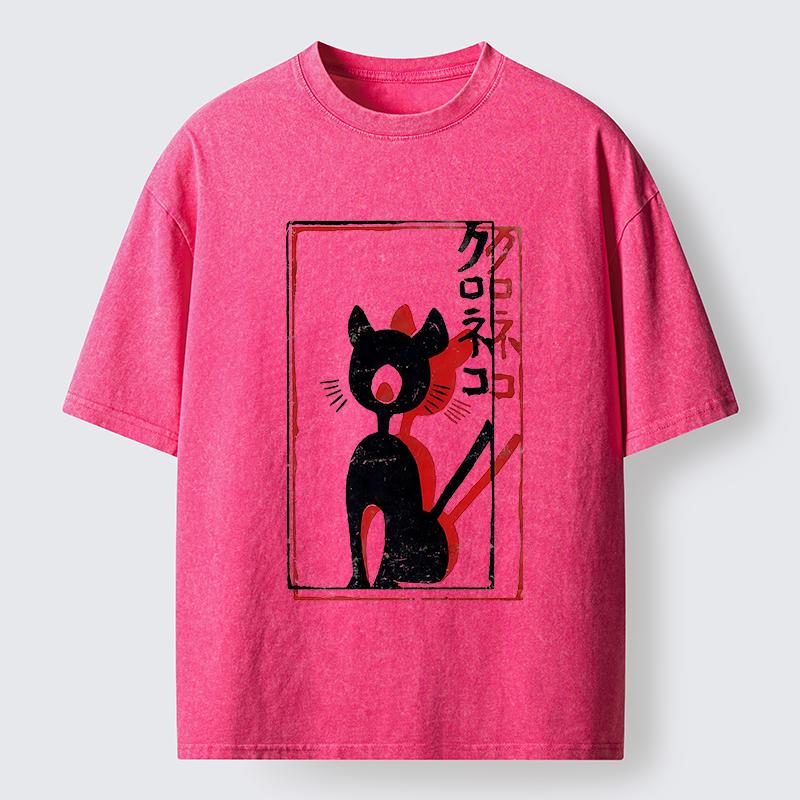 Tokyo-Tiger Japanese Retro Black Cat Poster Washed T-Shirt