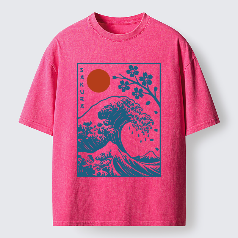 Tokyo-Tiger Japanese The Great Wave And Sakura Washed T-Shirt