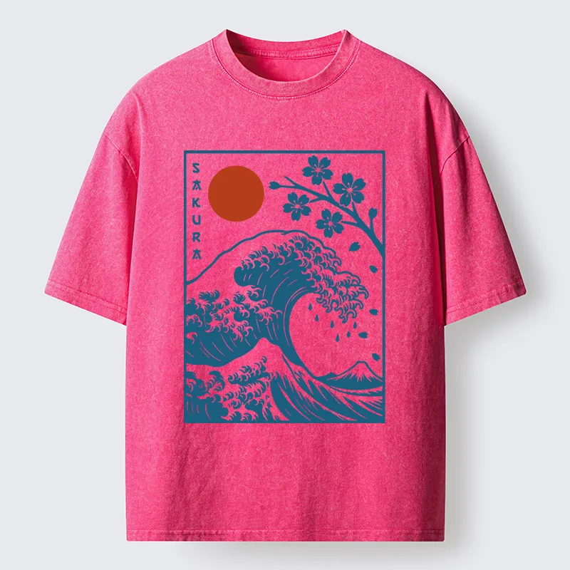 Tokyo-Tiger Japanese The Great Wave And Sakura Washed T-Shirt