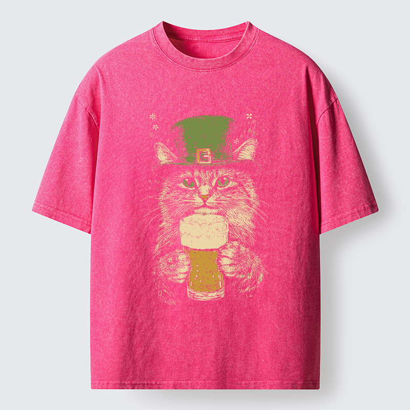 Tokyo-Tiger St Patrick's Day Drinking Cat Washed T-Shirt