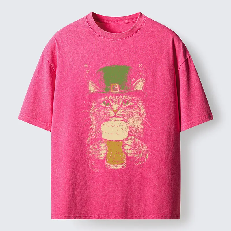 Tokyo-Tiger St Patrick's Day Drinking Cat Washed T-Shirt